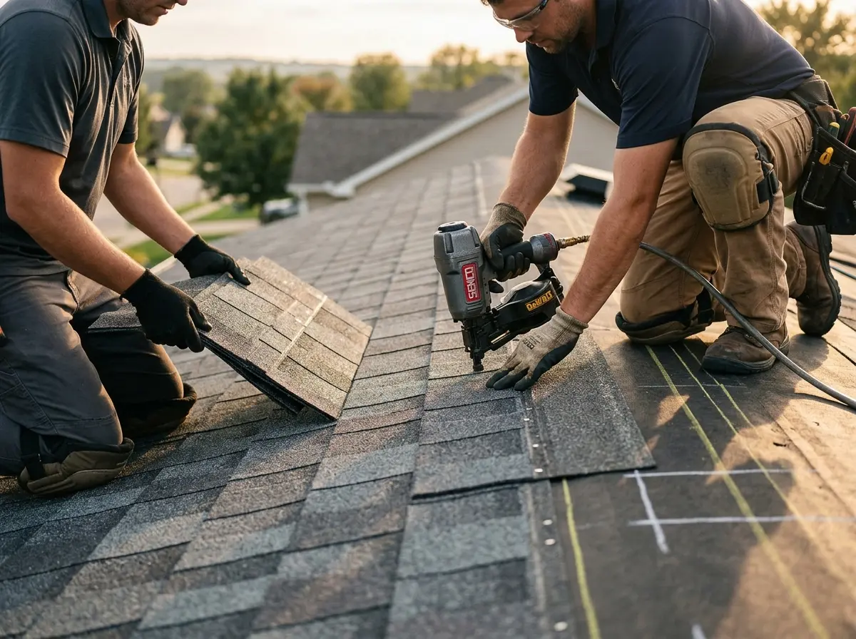Professional roofer working on a residential roof in Fayetteville